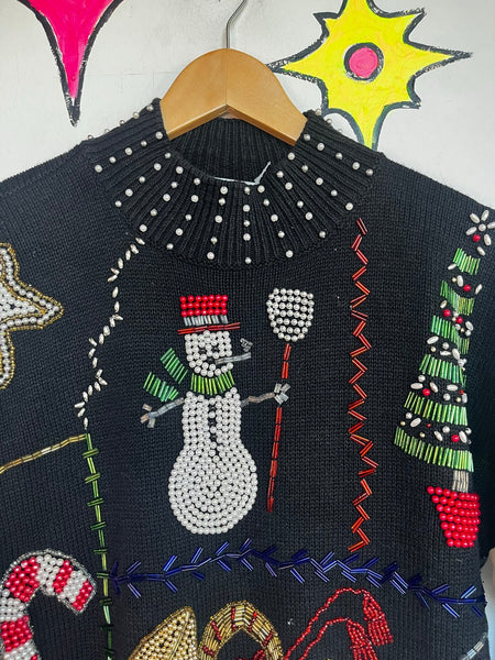 Vintage 80s Embellished Christmas Sweater Ugly Tacky Holiday X Mas Party M