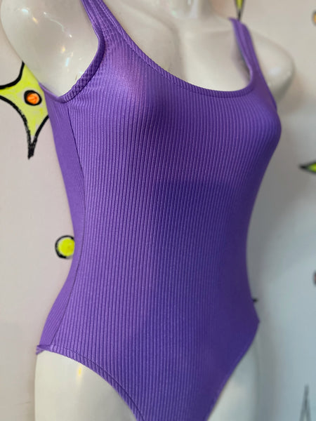 80s 90s Pastel Purple Swimsuit Ribbed One Piece Vintage Retro Swim or Bodysuit S