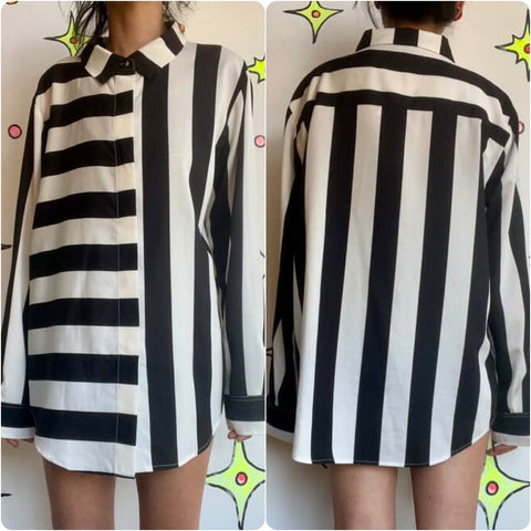 Vintage 90s Y2K | DKNY Black and White Striped Shirt Blouse | Size XL