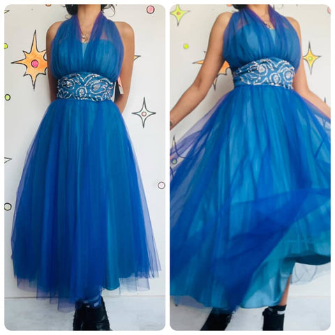 Vintage 50s Blue Tulle Fit & Flare Halter Party Dress Fairy Princess Prom Gown S