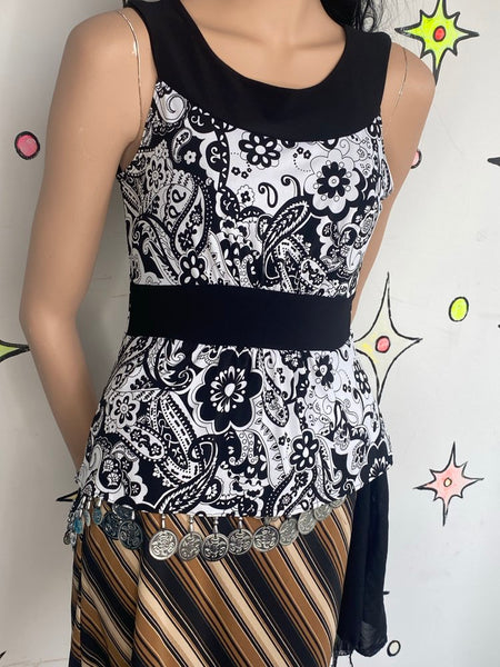 Black & White Paisley Scarf Bringe Top 90s Stretchy Fairy Grunge Whimsy Goth - S