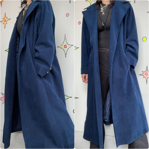 Vintage 70s | Navy Blue Ultra Suede Vegan Leather Belted Trench Coat | Size M L