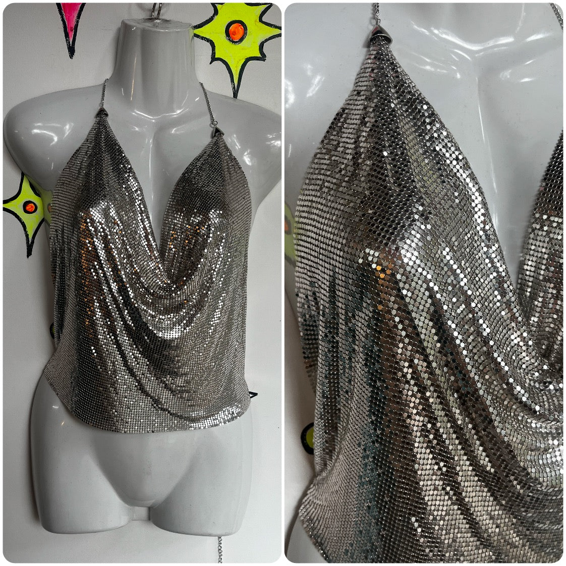 Y2K 2000s | Silver Metallic Disco Mesh Chainmail Backless Halter Top | One Size