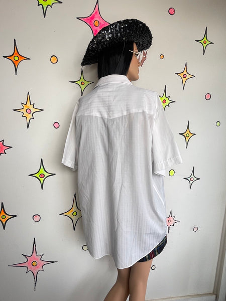 Vintage White Short Sleeve Western Button Up Shirt Pearl Snap Rodeo Cowboy XL
