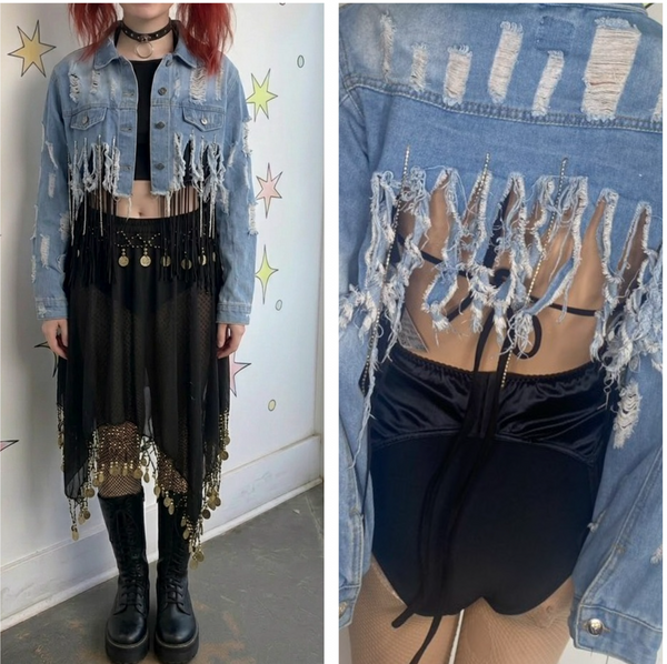 Y2K Rhinestone Cropped Fringe Denim Jacket Thrashed Indie Sleaze McBling M