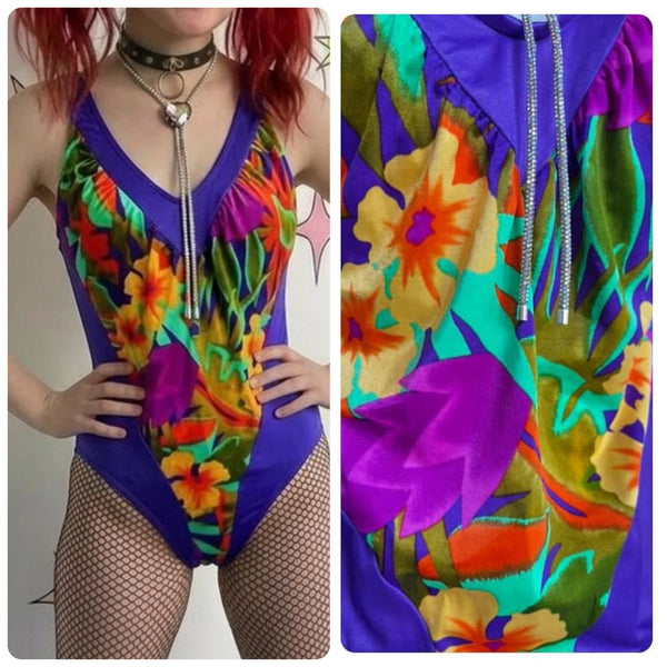 Vintage 70s 80s | Rainbow Hawaiian Day Glo One Piece Swimsuit Bodysuit | M L