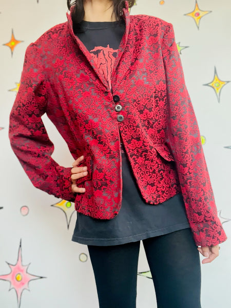 Y2K Red Baroque Damask Jacket Whimsy Goth Vampire Gothic Punk Statement Blazer L