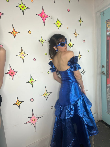 Vintage 80s Blue Metallic Party Dress Glam Poofy Prom New Wave Gown M