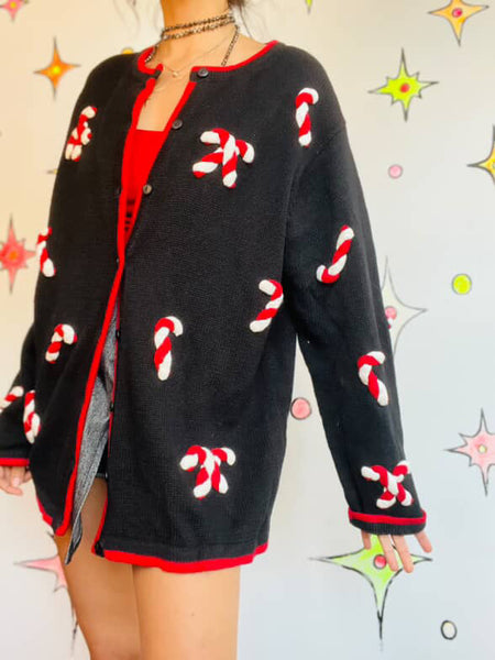 Vintage Black Christmas Sweater | Candy Cane Ugly Tacky Xmas Party Cardigan – L