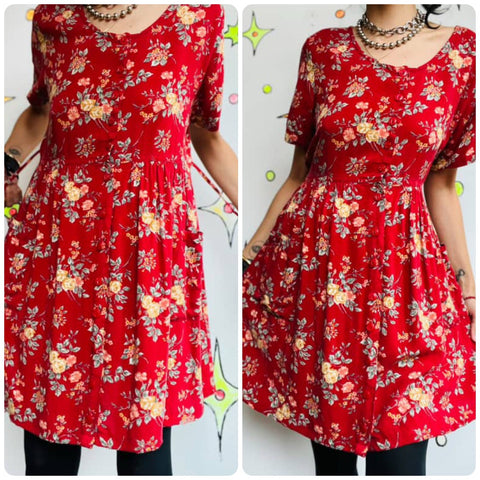 Vintage 90s | Red Floral Babydoll Fairy Grunge Mini Dress | M L