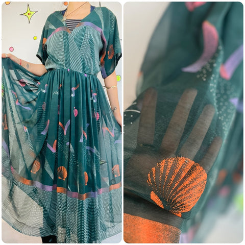 Vintage 70s 80s Mermaidcore Boho Secretary Dress | Sheer Shell Print Midi | M