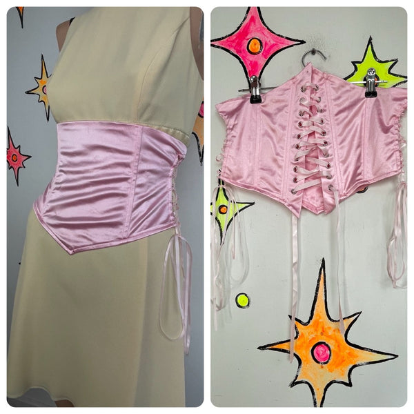 Baby Pink Satin Lace Up Corset Belt Balletcore Rococo Coquette Waist Cincher