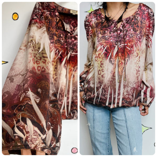 Vintage Y2K Affliction-Style Boho Grunge Fairy Indie Sleaze Tattoo Print Top | L