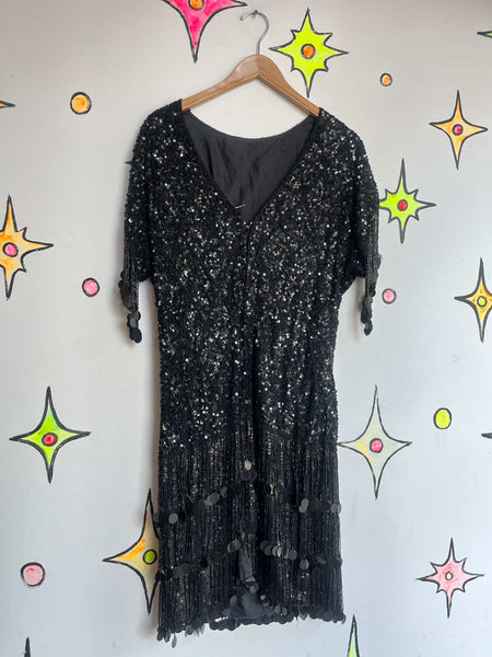 Vintage 80s Neiman Marcus Black Beaded Fringe Dress 20s Inspired Disco Glam