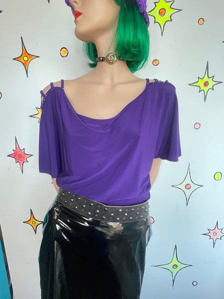 Purple Y2K Off The Shoulder Top Indie Sleaze Glam Stretchy Tunic Top XL