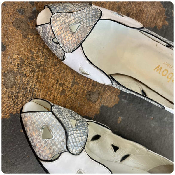Vintage 80s White and Silver Snakeskin Leather Pumps | Italian Heels | 6.5/7