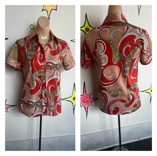 Vintage 70s | Psychedelic Groovy Polyester Big Collar Shirt Top | Size S