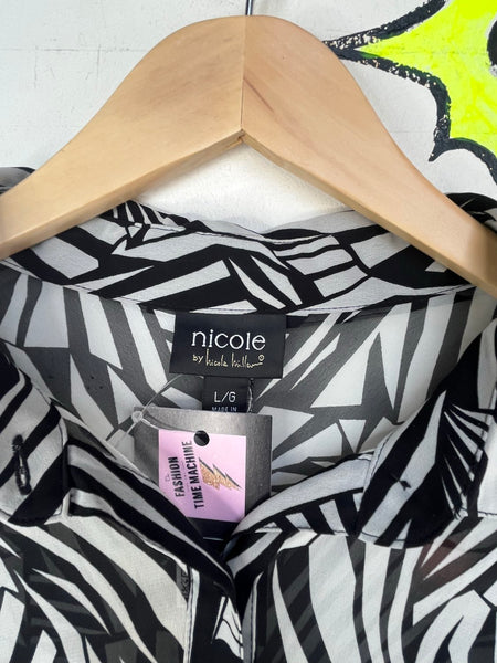 Nicole Miller Sheer Op Art Blouse Avant Garde Black White Statement Top Y2K L