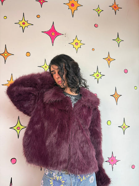 Y2K Purple Faux Fur Coat Plush Teddy Jacket Goth Glam McBling Cozy Grunge L XL