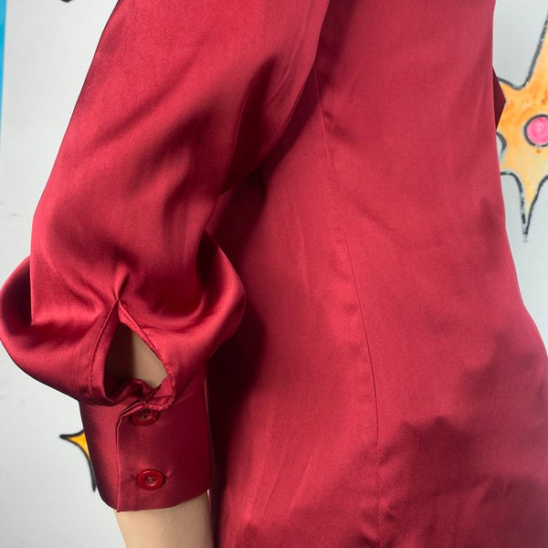 Red Secretary Bow Neck Blouse Dark Academia Button Down Top // XS