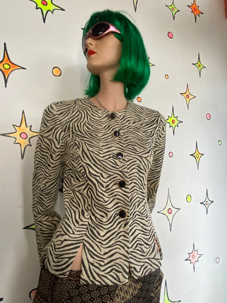 Vintage 90s Zebra Print Blazer Leslie Fay Vegan Animal Print Office Siren Glam - S
