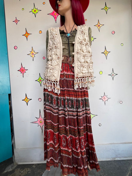 Vintage 80s 90s Off-White Silk Crochet Fringe Beaded Western Boho Vest M