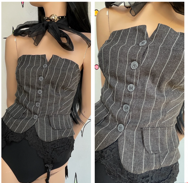 Pinstripe Corset Top Office Siren Academia Preppy Y2K Button Up Bustier - M
