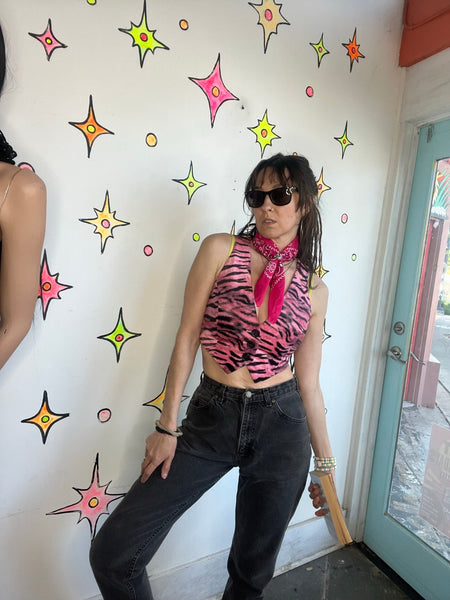 Pink Tiger Print Cropped Vest | Y2K Glam Grunge Rocker Vegan Suede Top – S