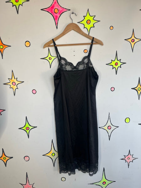 Vintage Nylon Black Lace Trim Slip Dress Boudoir Goth Fairy Grunge 36 - Large