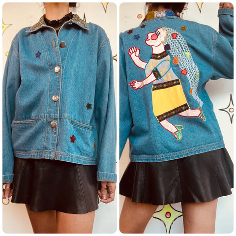 Vintage 90s CHICO’S Embellished Denim Jacket – Boho Grunge Jean Jacket – S-M