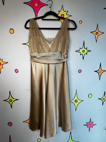 Vintage 90s Gold Glitter Satin Metallic Glam Midi Dress Cocktail Party Dress M