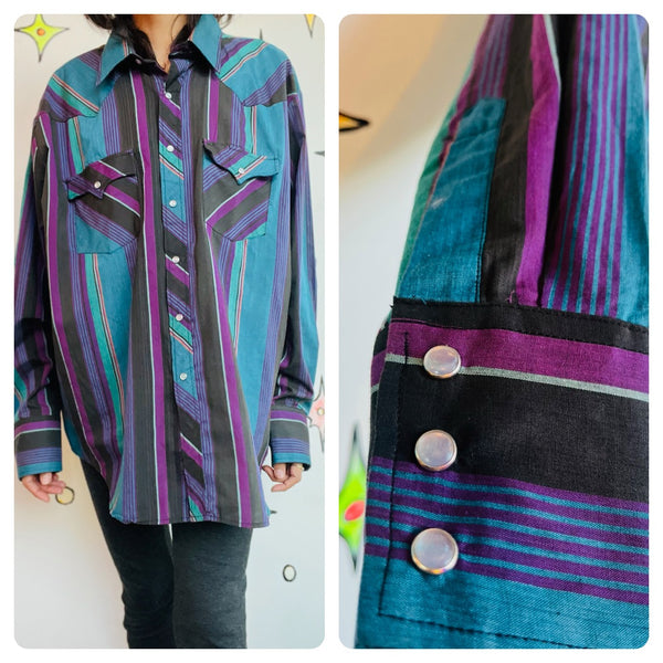 Vintage Striped Western Pearl Snap Shirt - Men's Cowboy Rodeo Style - XL