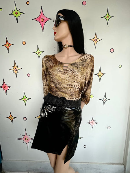 Y2K Gold Glitter Leopard Print Top | Glitchy Glam Indie Sleaze Stretch Top L XL