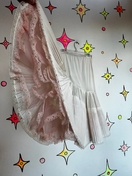 Vintage White Pink Crinoline Ruffles Layered Lace Coquette Babydoll Petticoat M