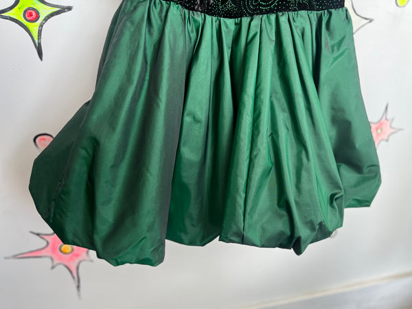Vintage 80s Green & Black Glitter Prom Dress Poofy Bubble Hem Party Gown Size 4