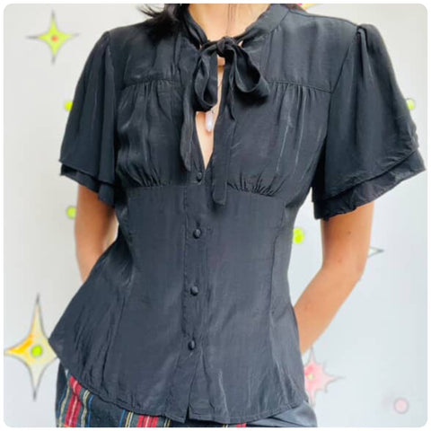 Vintage 90s Y2K | Black Silk Bow Neck Goth Glam Victorian Style Blouse | Size 2