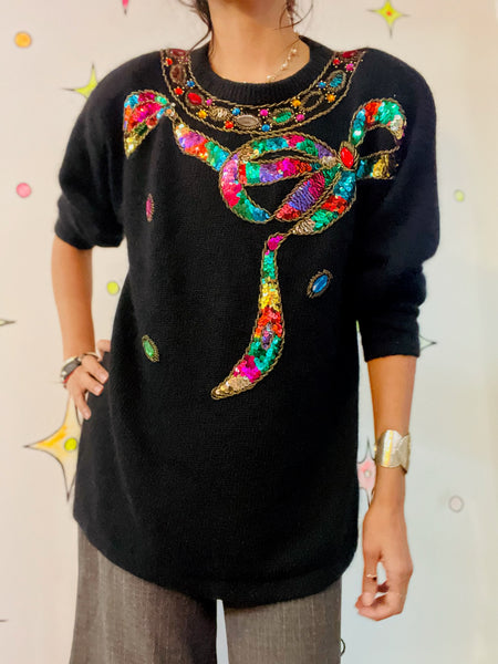 Vintage 80s Rainbow Embellished Christmas Sweater Sequin Beaded Holiday Party L