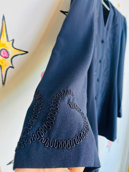 Vintage 80s 90s Navy, Black Embroidered Wearable Art Blazer Office Glam Size 12