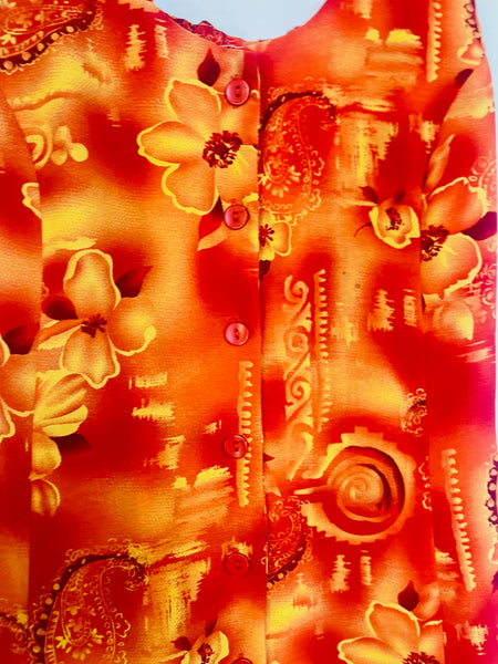 Vintage 90s Y2K Orange & Red Tiki Hawaiian Dress Boho Fairy Grunge Midi – Small
