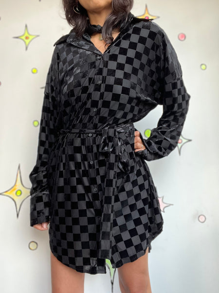 Vintage 90s | Sheer Black Checkered Velvet Burnout Goth Shirt Dress | Size L
