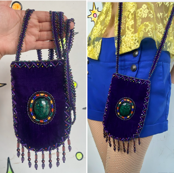 Bohemian Purple Velvet Beaded Crossbody Mini Pouch Fairycore Festival Boho