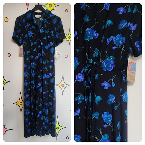 Vintage 90s | Blue and Black Floral Button Down Cotton Grunge Dress | Size M 10