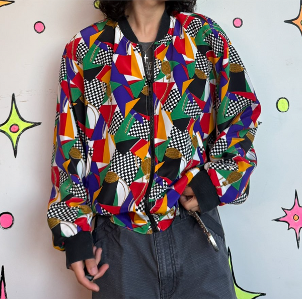 80s 90s Scarf Print Bomber Jacket Maximalist Rainbow Avant Garde Jacket XL