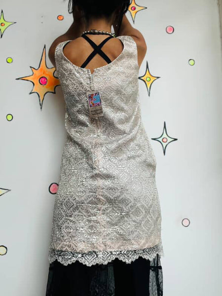 Vintage 60s 70s Light Pink & Silver Lace Mod Mini Party Dress Fairy Grunge - S