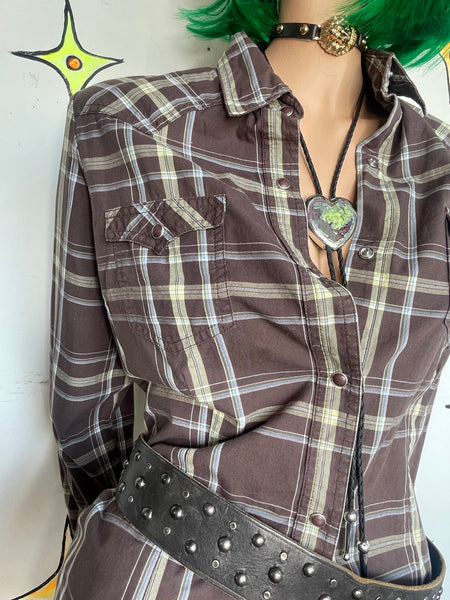 Western Pearl Snap Brown Plaid Shirt Grunge Fitted Button Up Top L