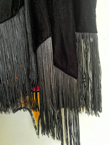 Y2K Meets 20s Black Velvet Fringe Skirt - Flapper Goth Whimsy - ZARA Size S