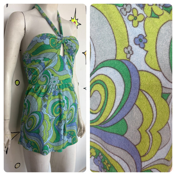 Retro Y2K Psychedelic 60s 70s Style MOD Groovy Blue Green Terry Cloth Romper XS
