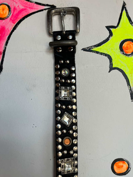 Y2K Leather Heavily Embellished Studded Rhinestone Belt Fairy Grunge 29" - 32.5"