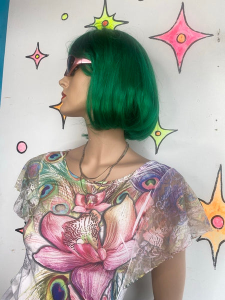 Y2K Pastel Tattoo Peacock Floral Dress Lace Flutter Sleeve Fairycore Mini - S