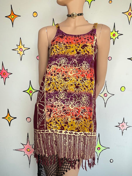 Hawaiian Summer Fringe Mini Dress Boho Grunge Tie Dye Western Cotton Festival ML